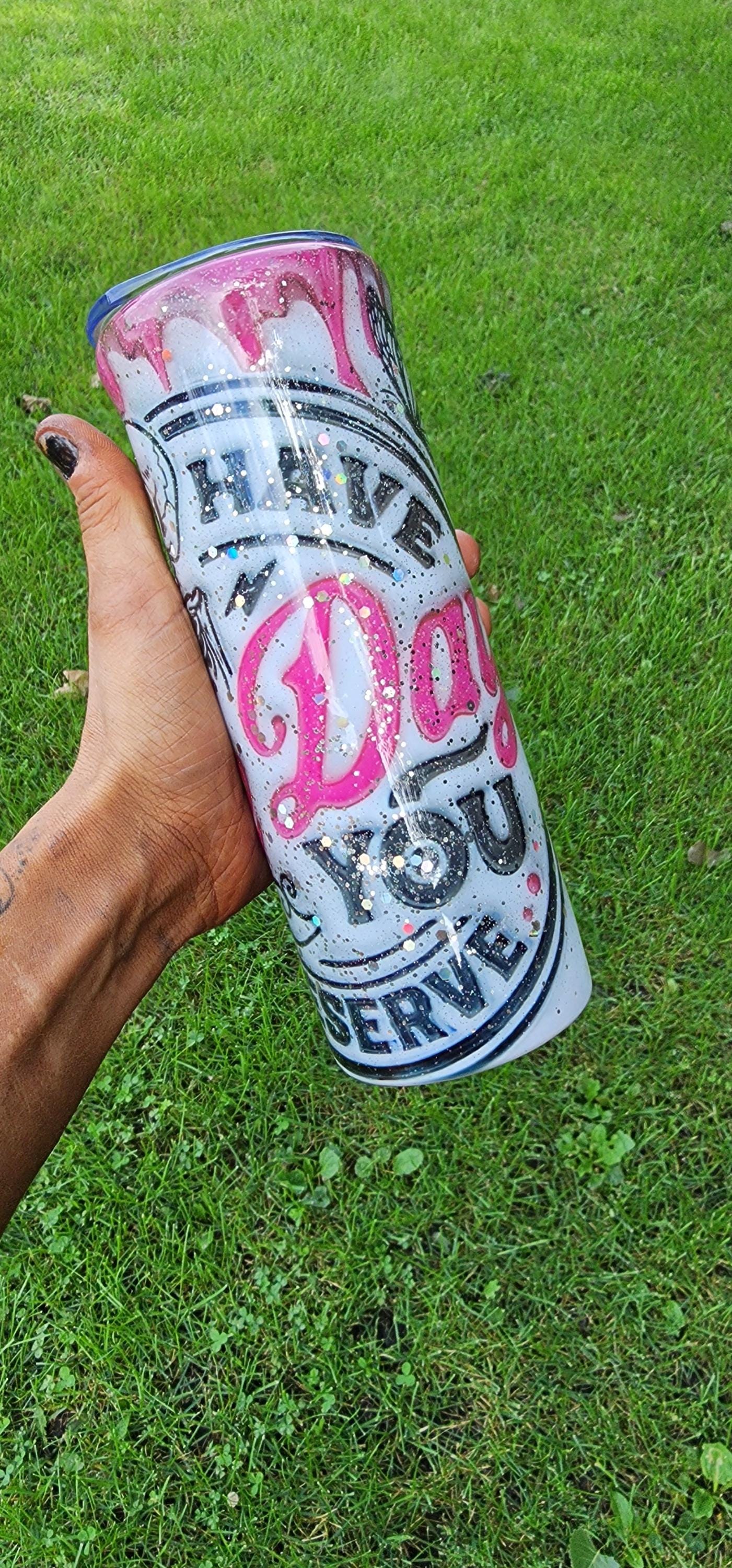 Skull Epoxy Tumbler: Pink & White Glitter 20oz Stainless Steel Cup