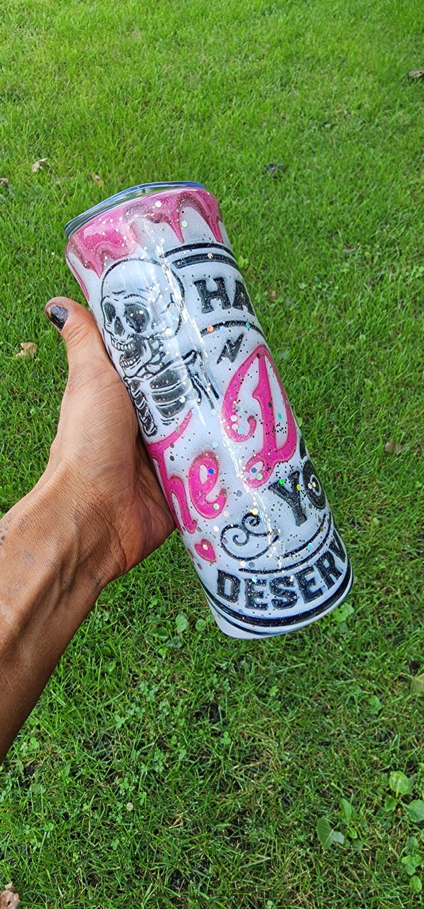 Skull Epoxy Tumbler: Pink & White Glitter 20oz Stainless Steel Cup