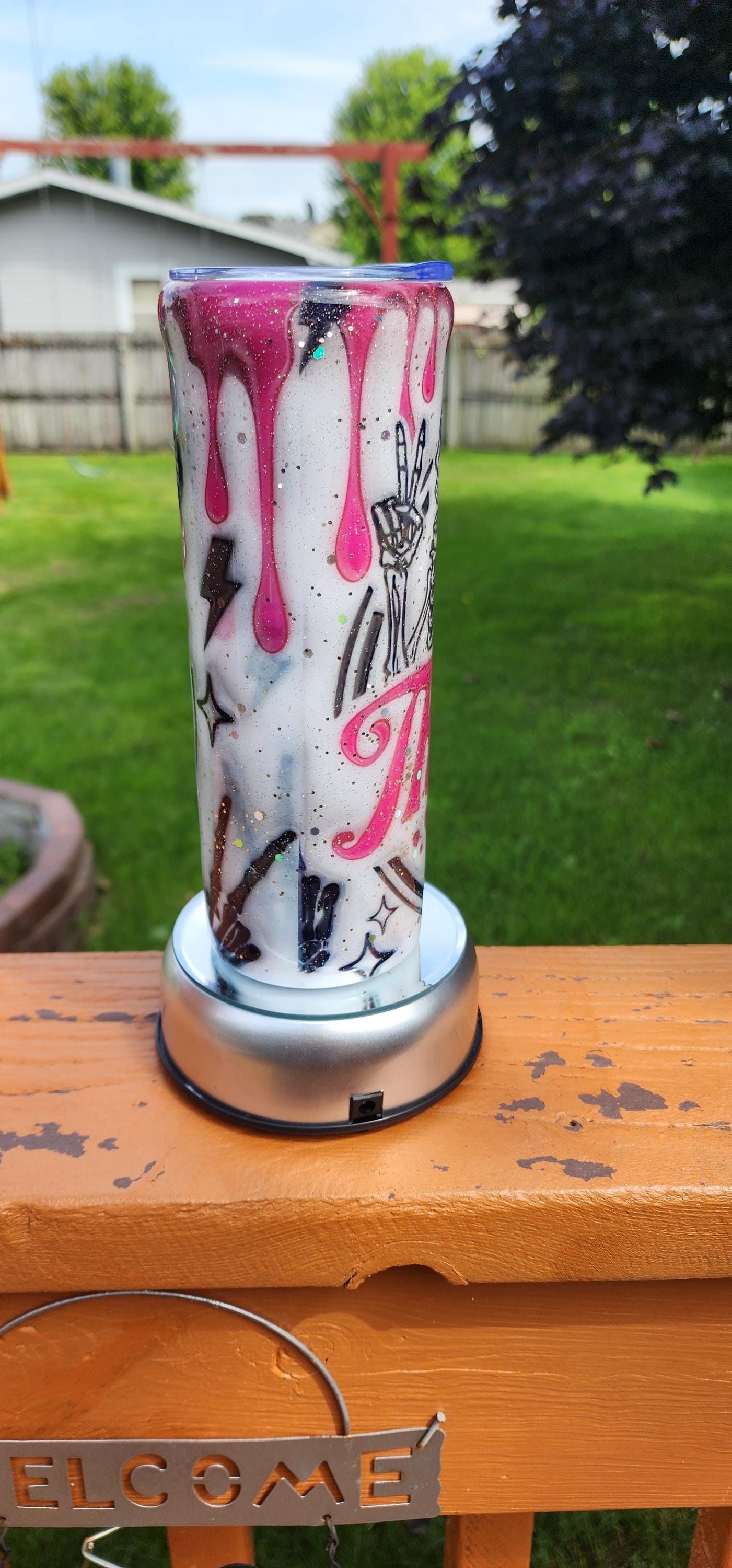 Skull Epoxy Tumbler: Pink & White Glitter 20oz Stainless Steel Cup