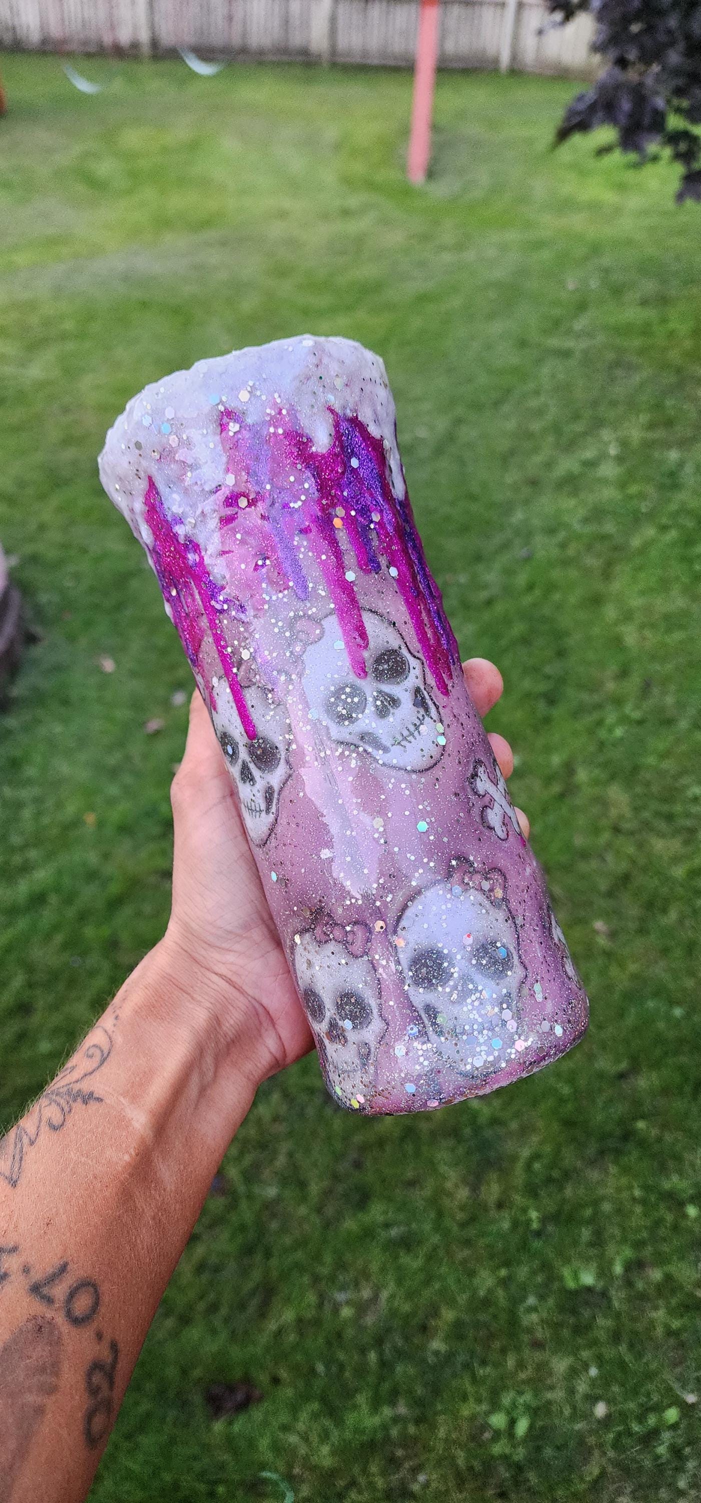 Pink Drip Skull Epoxy Tumbler