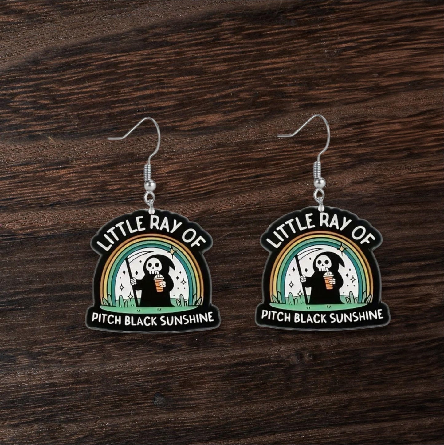 Little Ray of Pitch Black Rainbow Grim Reaper Earrings – Cute but Deadly Acrylic Dangles for Your Inner Spooky Sunshine - Hempin' Mayhem