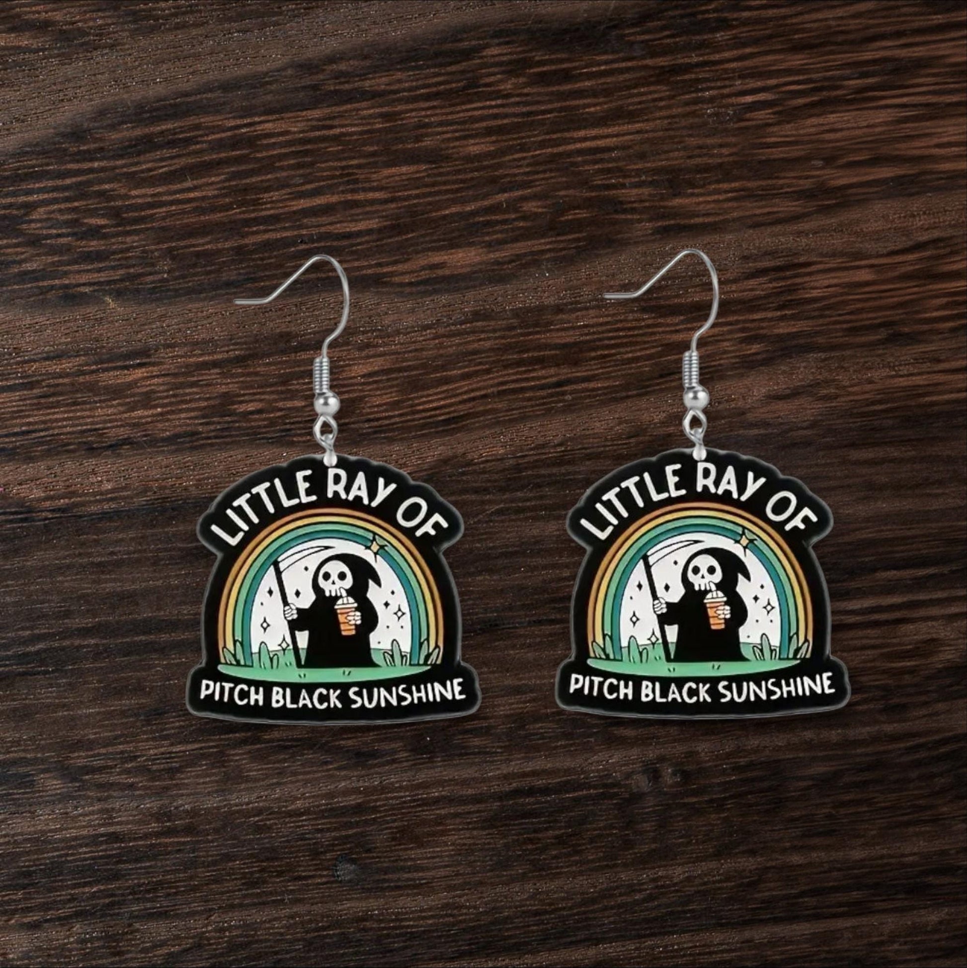 Little Ray of Pitch Black Rainbow Grim Reaper Earrings – Cute but Deadly Acrylic Dangles for Your Inner Spooky Sunshine - Hempin' Mayhem