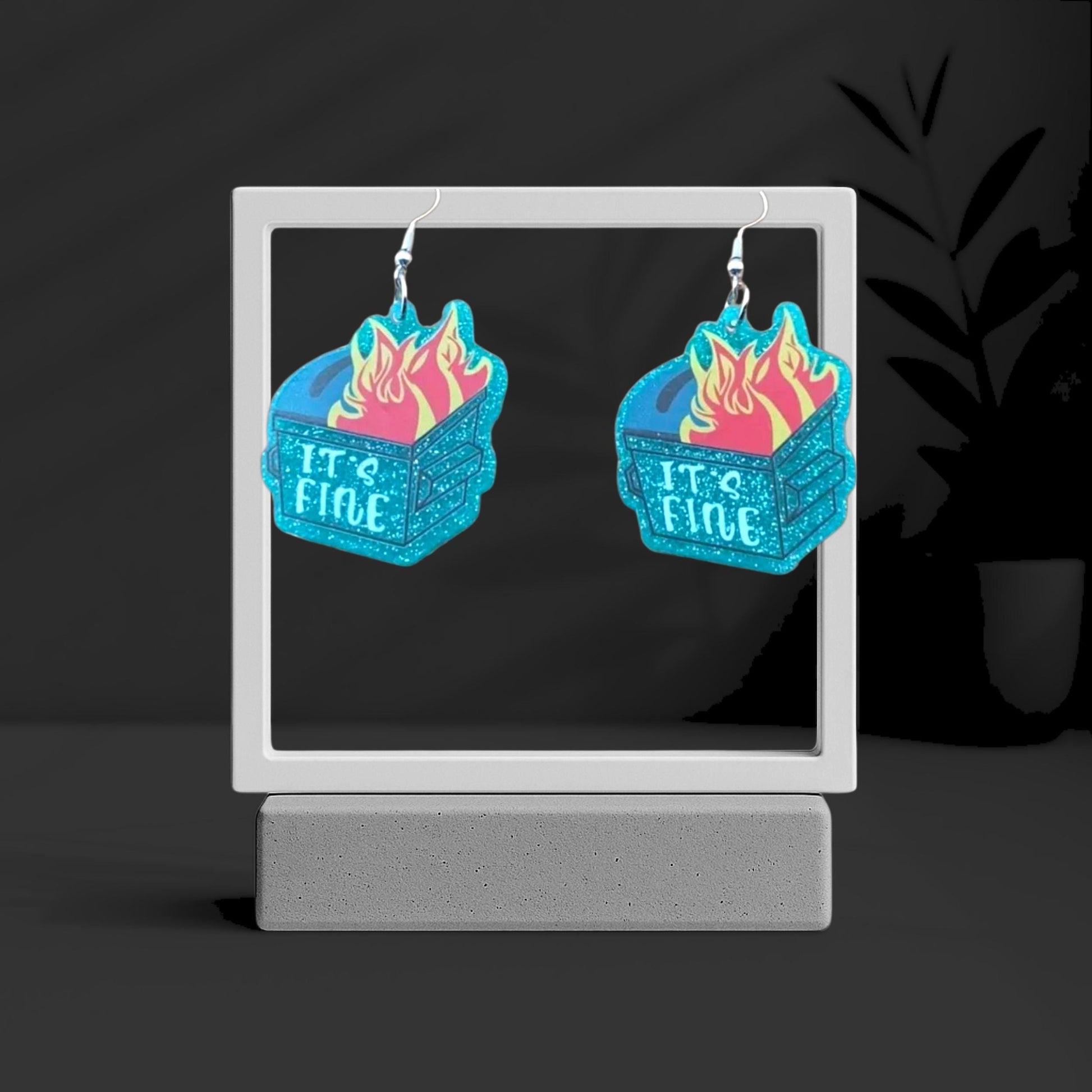 Glittery Blue Dumpster Fire Dangle Earrings – “I’m Fine” – Because Chaos Looks Better with Sparkle - Hempin' Mayhem