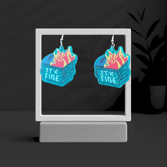 Glittery Blue Dumpster Fire Dangle Earrings – “I’m Fine” – Because Chaos Looks Better with Sparkle - Hempin' Mayhem