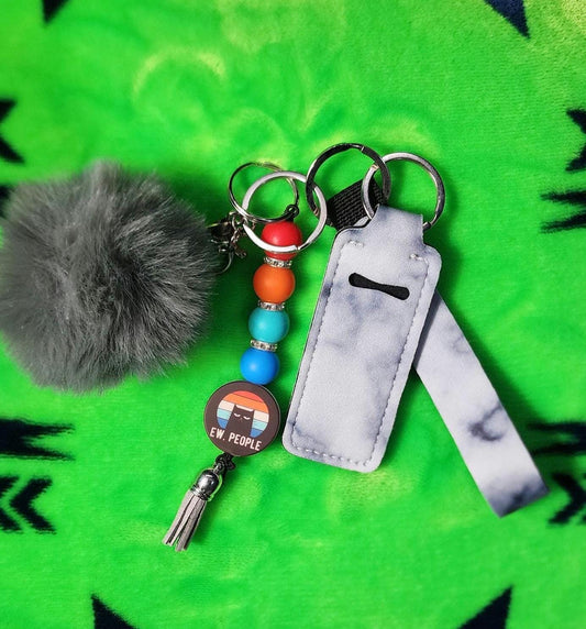 Ew People Cat Keychain Set | Funny Cat Lover Keychain with Pom, Lanyard & Hand Sanitizer Holder | Sassy Anti-Social Energy