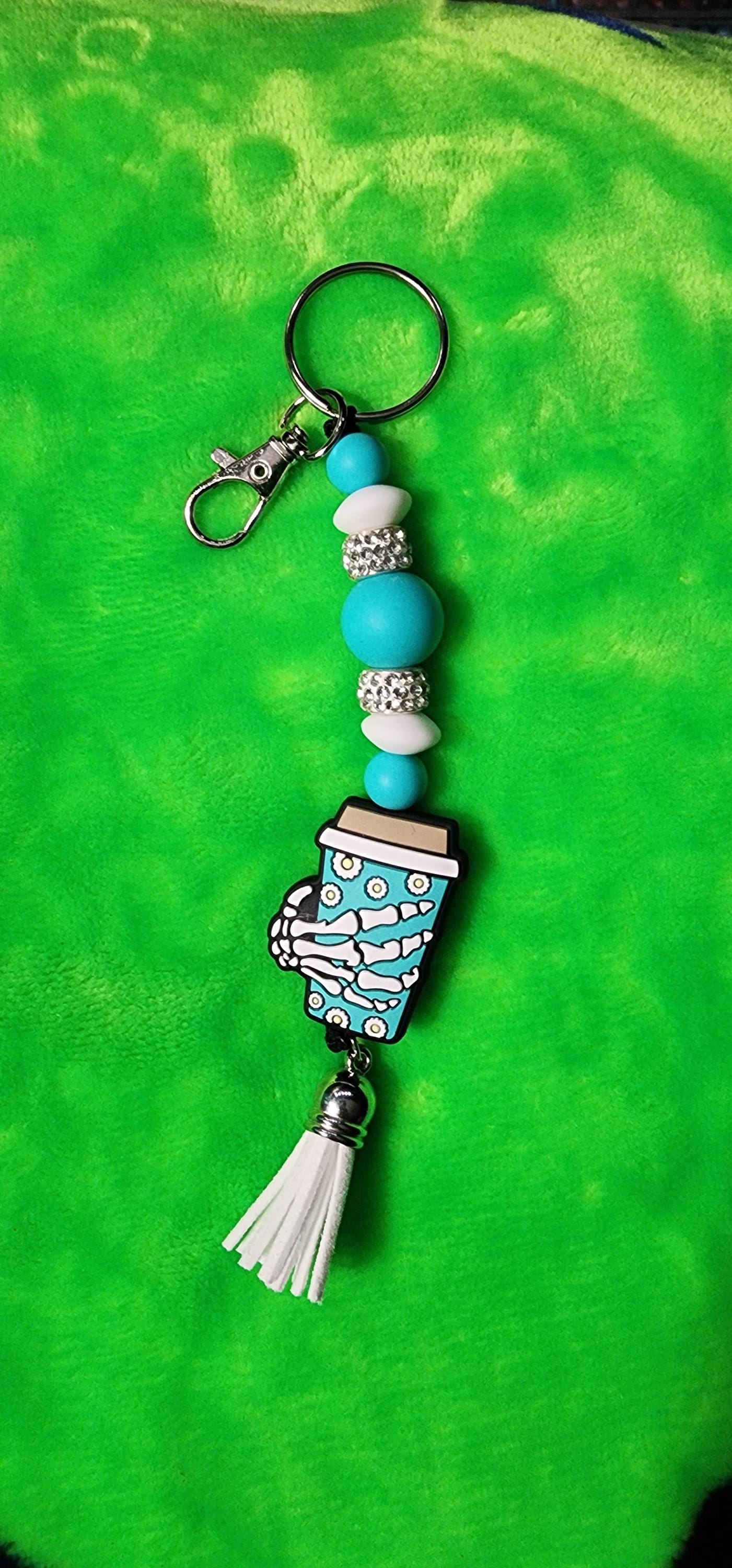 Turquoise & White Skull Hand Coffee Mug Keychain – Handmade Gothic Charm