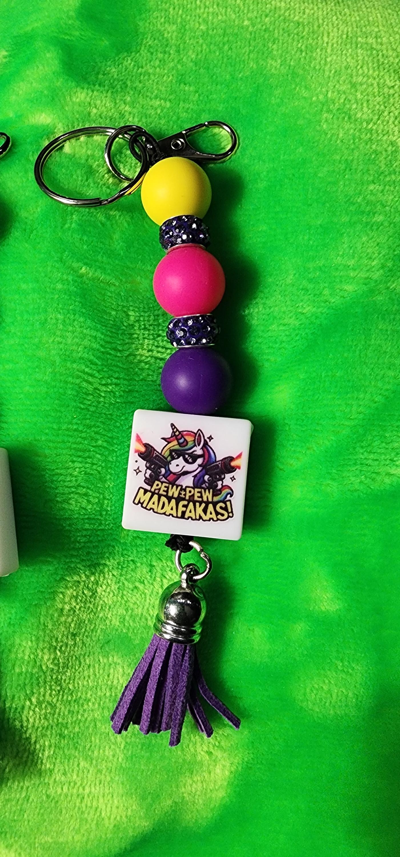 Unicorn Pew Pew Madafacka Keychain – Funny Magical Beaded charm but Savage, Whimsical Rainbow Accessory