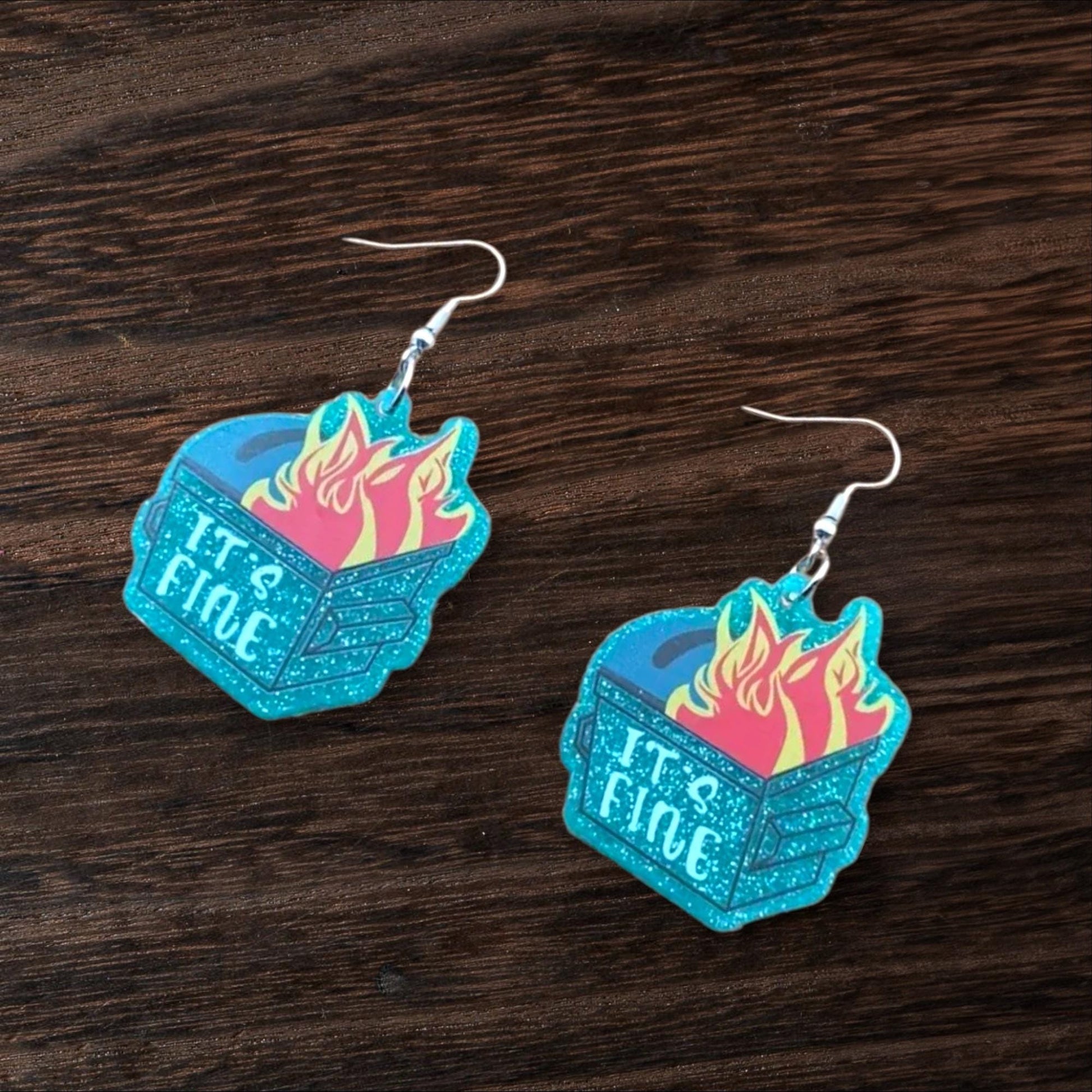 Glittery Blue Dumpster Fire Dangle Earrings – “I’m Fine” – Because Chaos Looks Better with Sparkle - Hempin' Mayhem