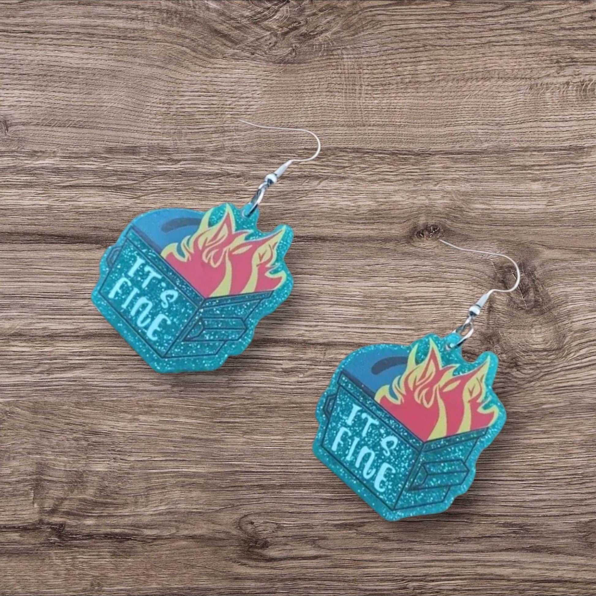 Glittery Blue Dumpster Fire Dangle Earrings – “I’m Fine” – Because Chaos Looks Better with Sparkle - Hempin' Mayhem