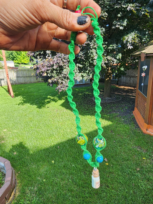 Handmade Green Hemp Necklace: Drink Me Glass Bead