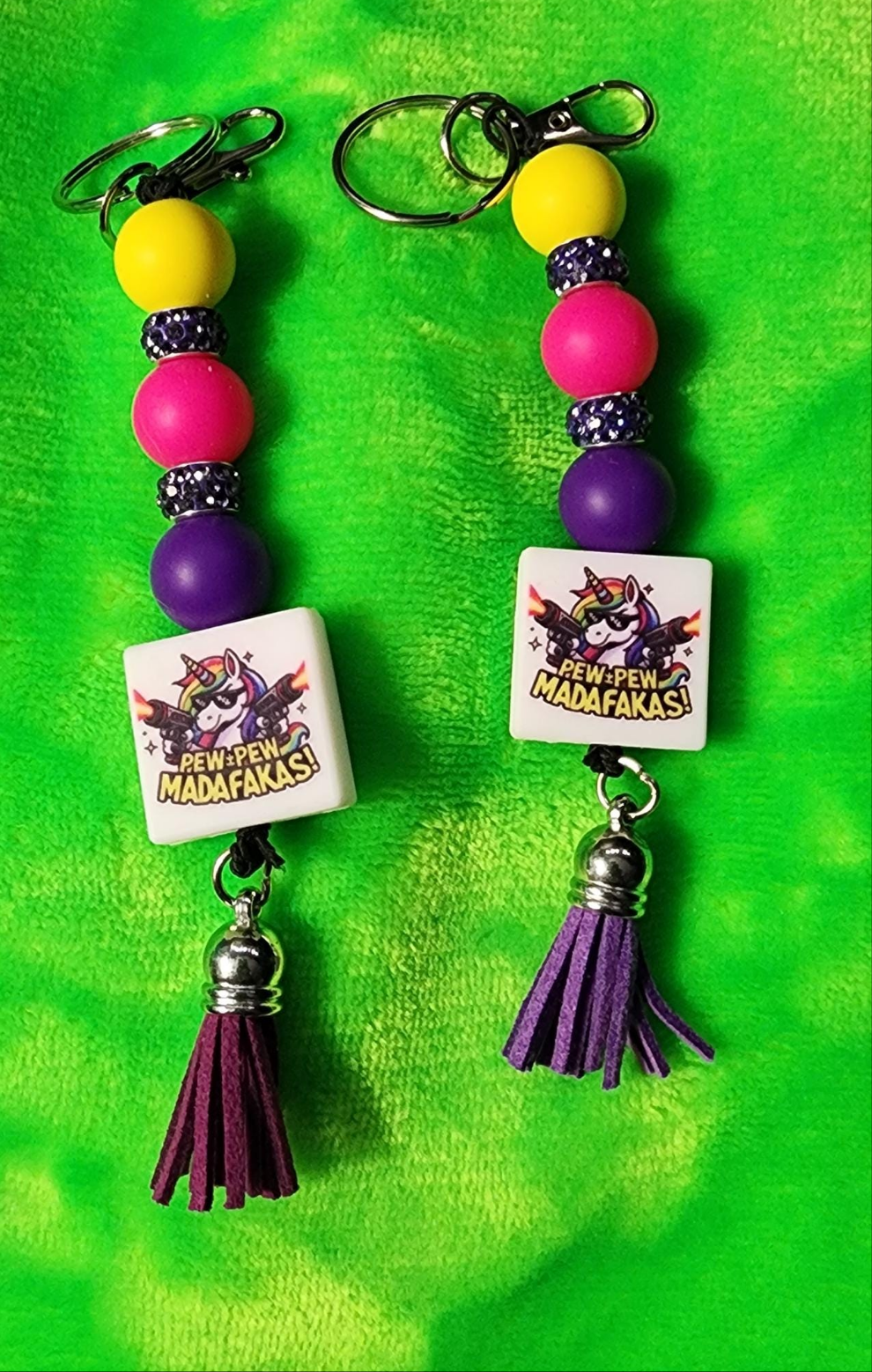 Unicorn Pew Pew Madafacka Keychain – Funny Magical Beaded charm but Savage, Whimsical Rainbow Accessory