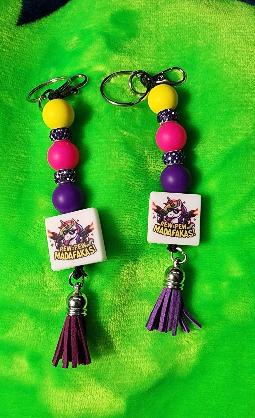 Unicorn Pew Pew Madafacka Keychain – Funny Magical Beaded charm but Savage, Whimsical Rainbow Accessory