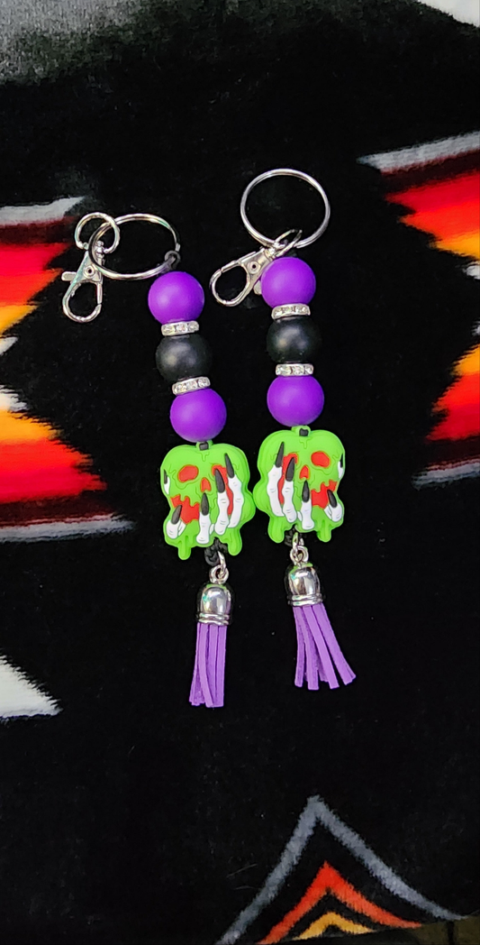 Skull Hand Holding Green Apple Keychain Gothic Horror Keychain | Creepy Cute Spooky Bag Charm | Halloween Skull Hand Accessory Gift for Gothic Aesthetic Lovers