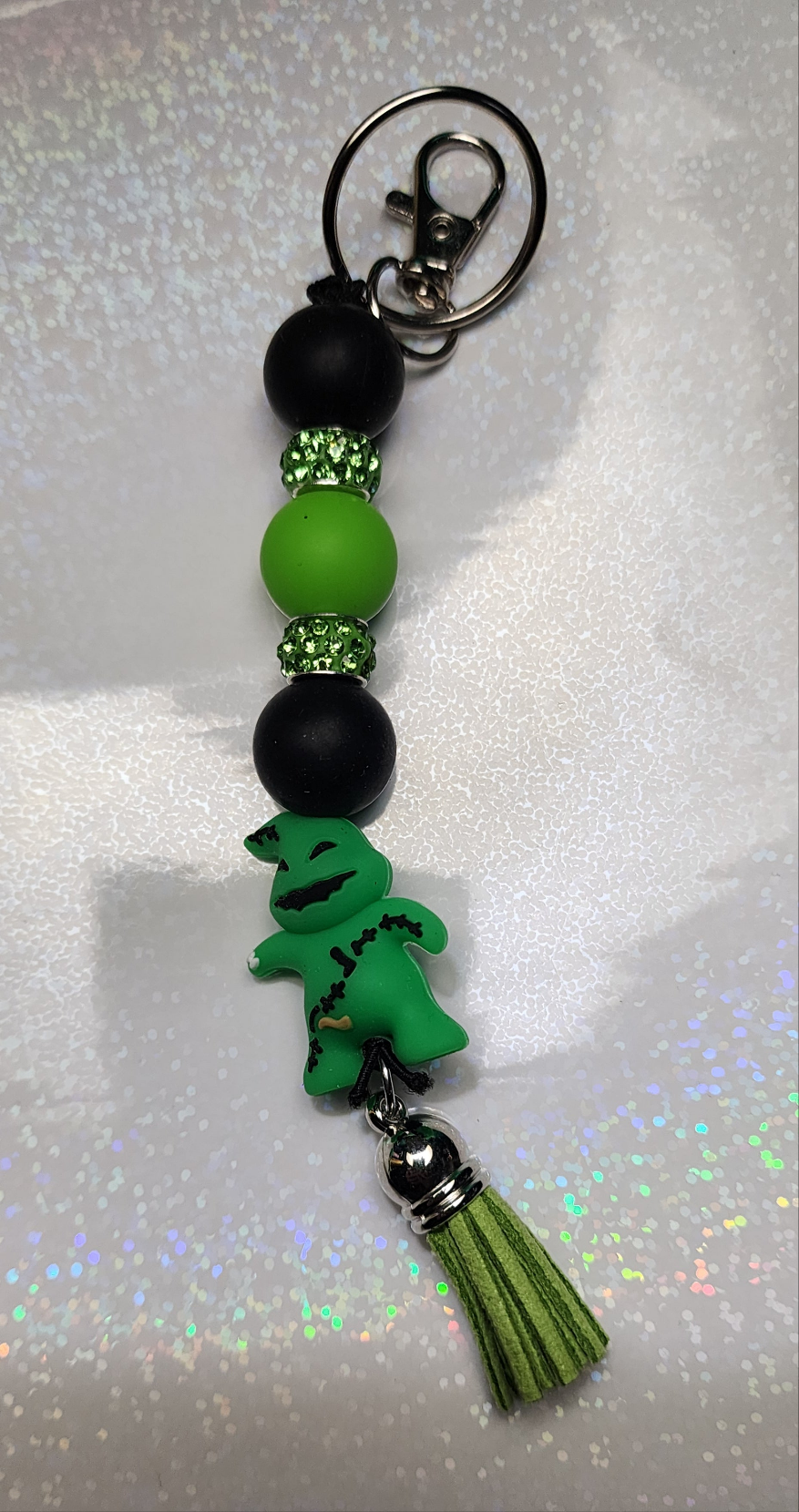 Oogie Boogie Keychain – Green & Black Handmade Halloween Bag Charm, Spooky Tim Burton Accessory