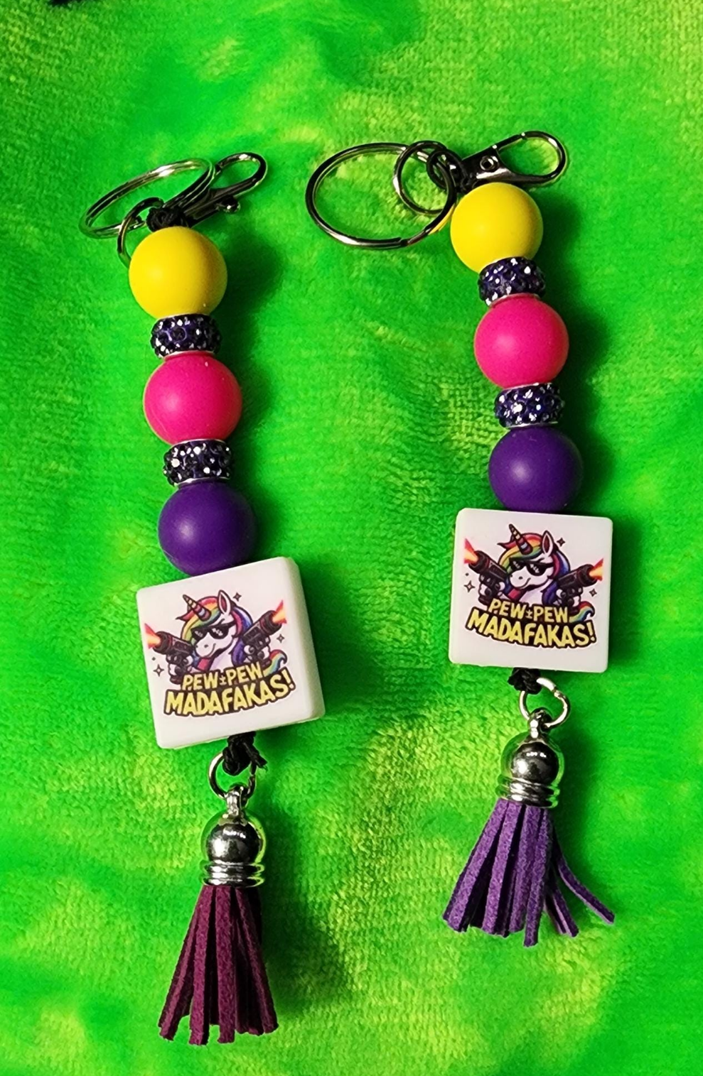 Unicorn Pew Pew Madafacka Keychain – Funny Magical Beaded charm but Savage, Whimsical Rainbow Accessory