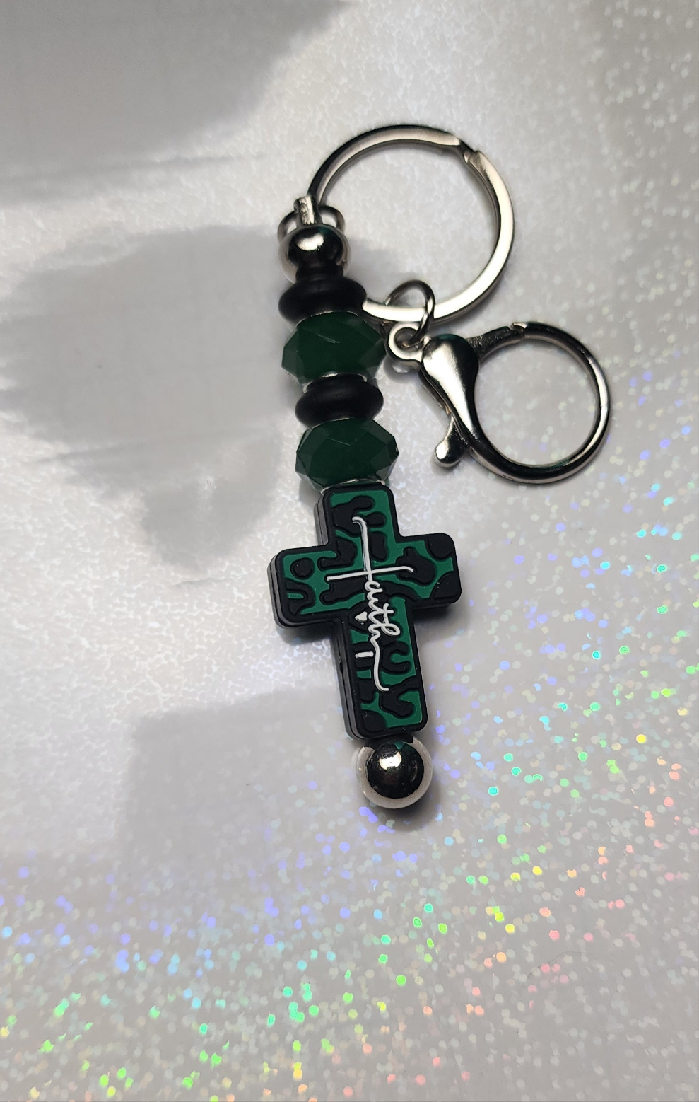 Handmade Faith Cross Keychain – Green, Black, Blue & White Beaded Charm, Religious Keyring, Christian Gift, Spiritual Bag Accessory