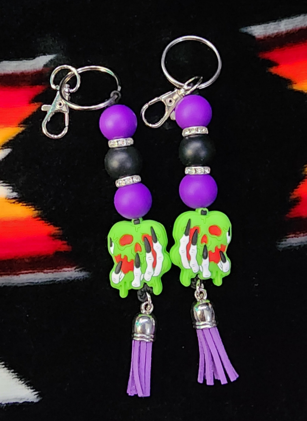 Skull Hand Holding Green Apple Keychain Gothic Horror Keychain | Creepy Cute Spooky Bag Charm | Halloween Skull Hand Accessory Gift for Gothic Aesthetic Lovers