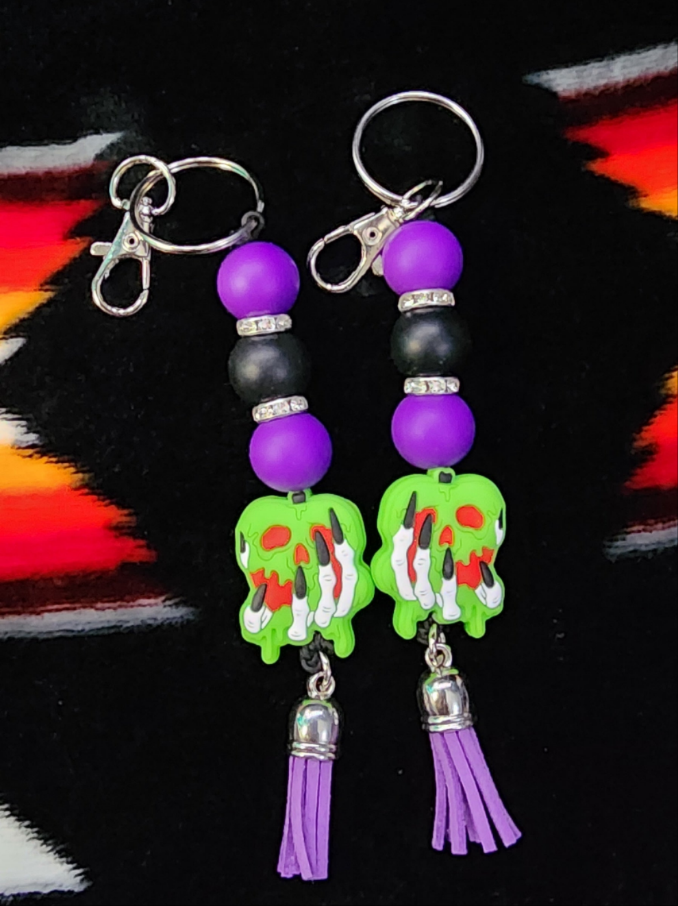 Skull Hand Holding Green Apple Keychain Gothic Horror Keychain | Creepy Cute Spooky Bag Charm | Halloween Skull Hand Accessory Gift for Gothic Aesthetic Lovers