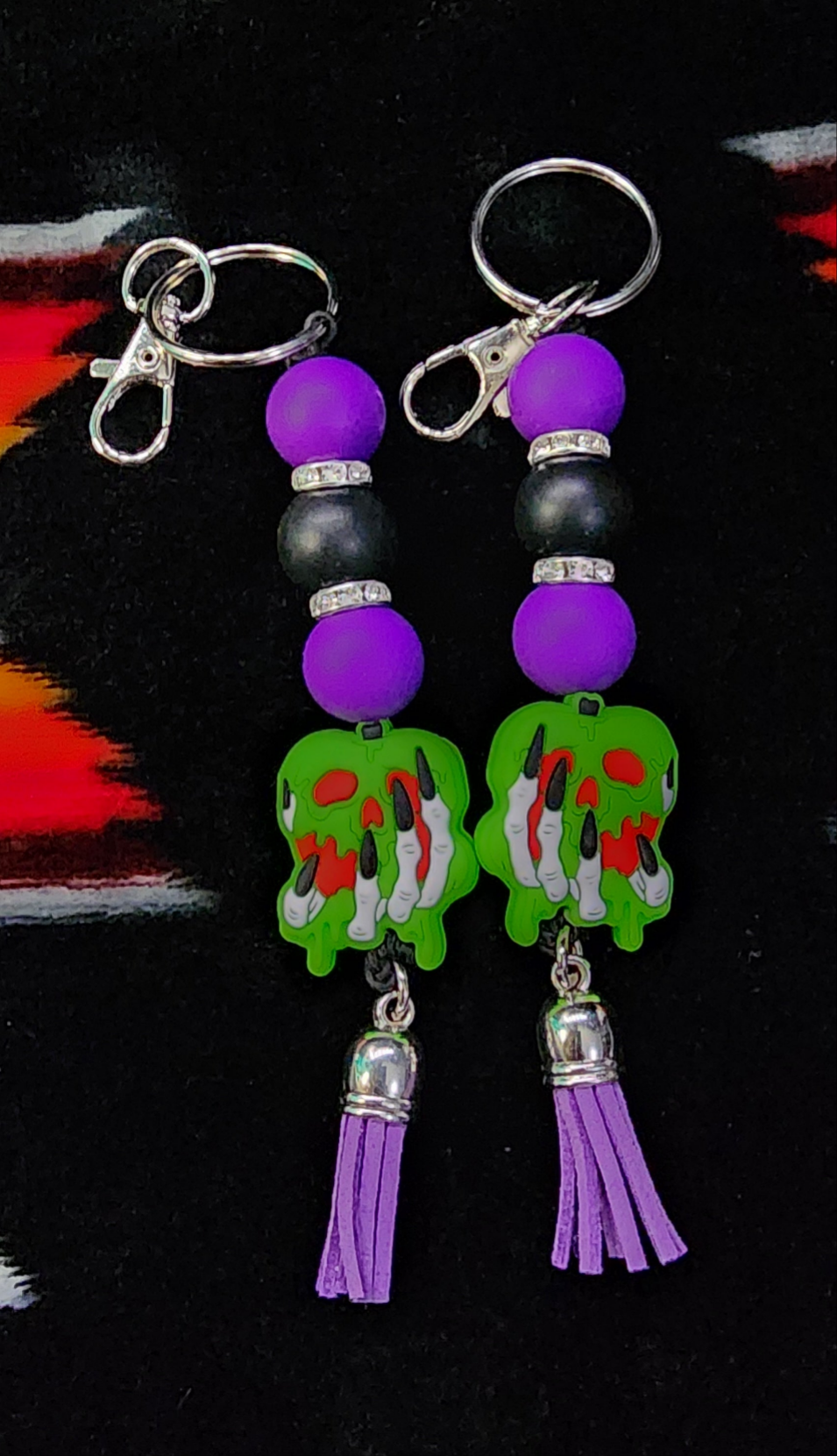 Skull Hand Holding Green Apple Keychain Gothic Horror Keychain | Creepy Cute Spooky Bag Charm | Halloween Skull Hand Accessory Gift for Gothic Aesthetic Lovers