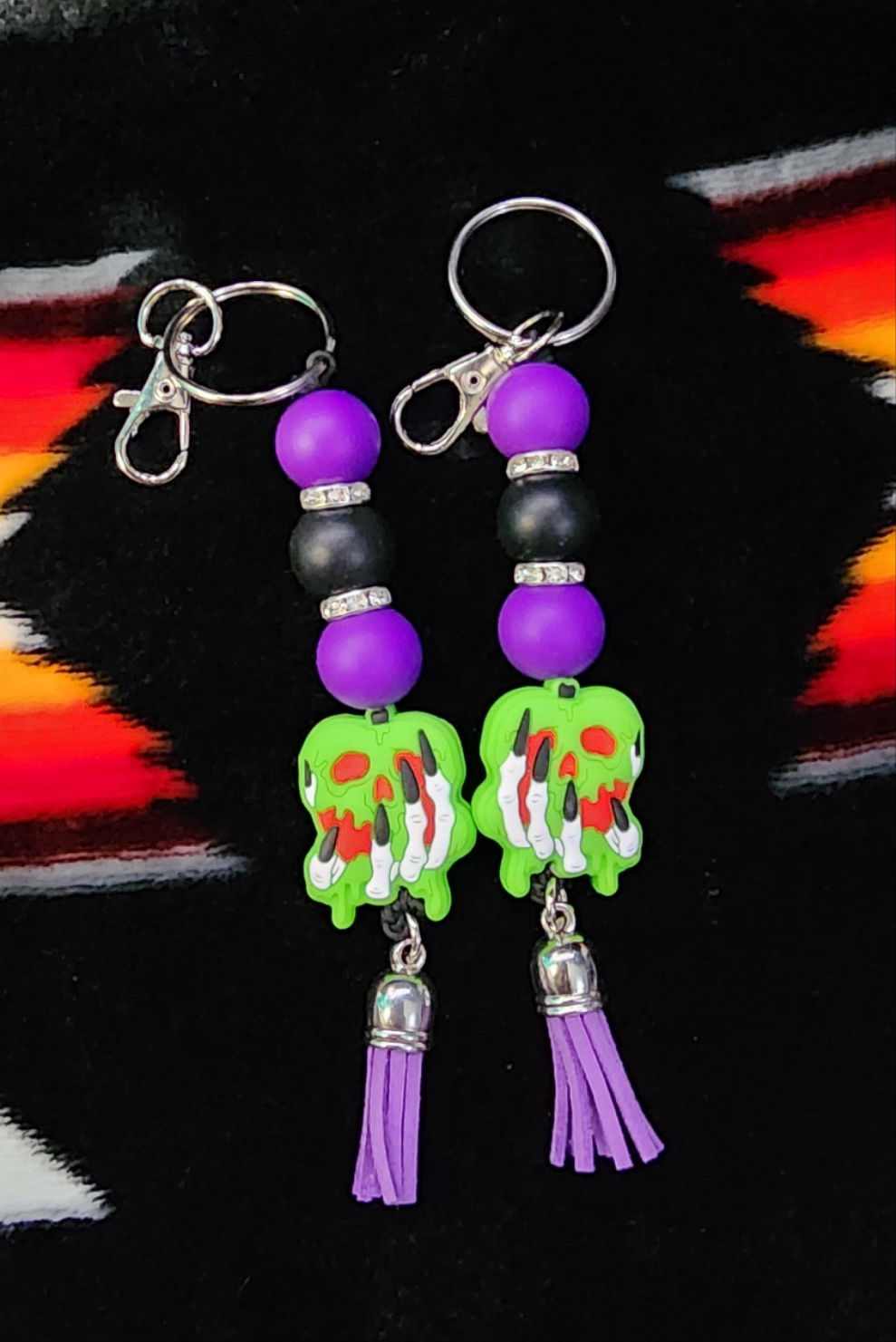 Skull Hand Holding Green Apple Keychain Gothic Horror Keychain | Creepy Cute Spooky Bag Charm | Halloween Skull Hand Accessory Gift for Gothic Aesthetic Lovers