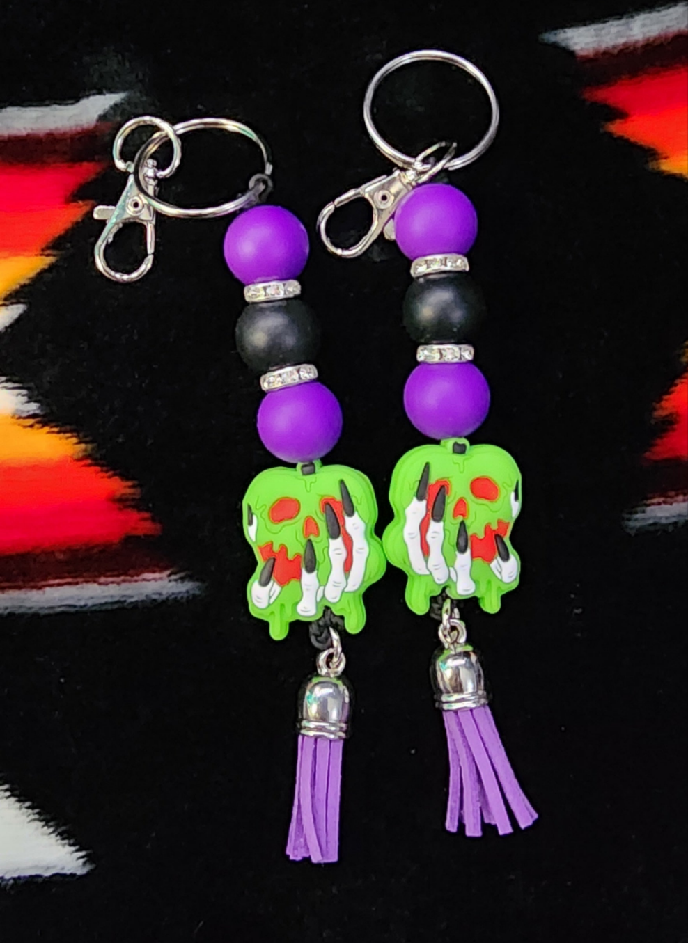 Skull Hand Holding Green Apple Keychain Gothic Horror Keychain | Creepy Cute Spooky Bag Charm | Halloween Skull Hand Accessory Gift for Gothic Aesthetic Lovers