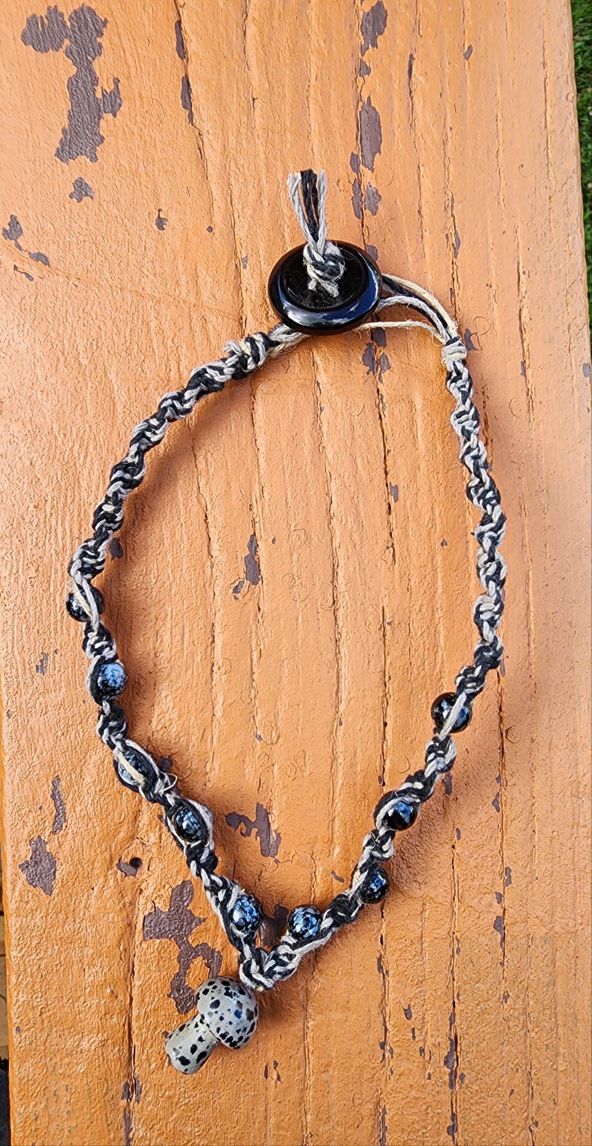 Handmade Hemp Necklace: Tan & Black Cord with Glass Mushroom Bead