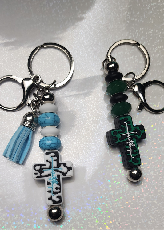 Handmade Faith Cross Keychain – Green, Black, Blue & White Beaded Charm, Religious Keyring, Christian Gift, Spiritual Bag Accessory