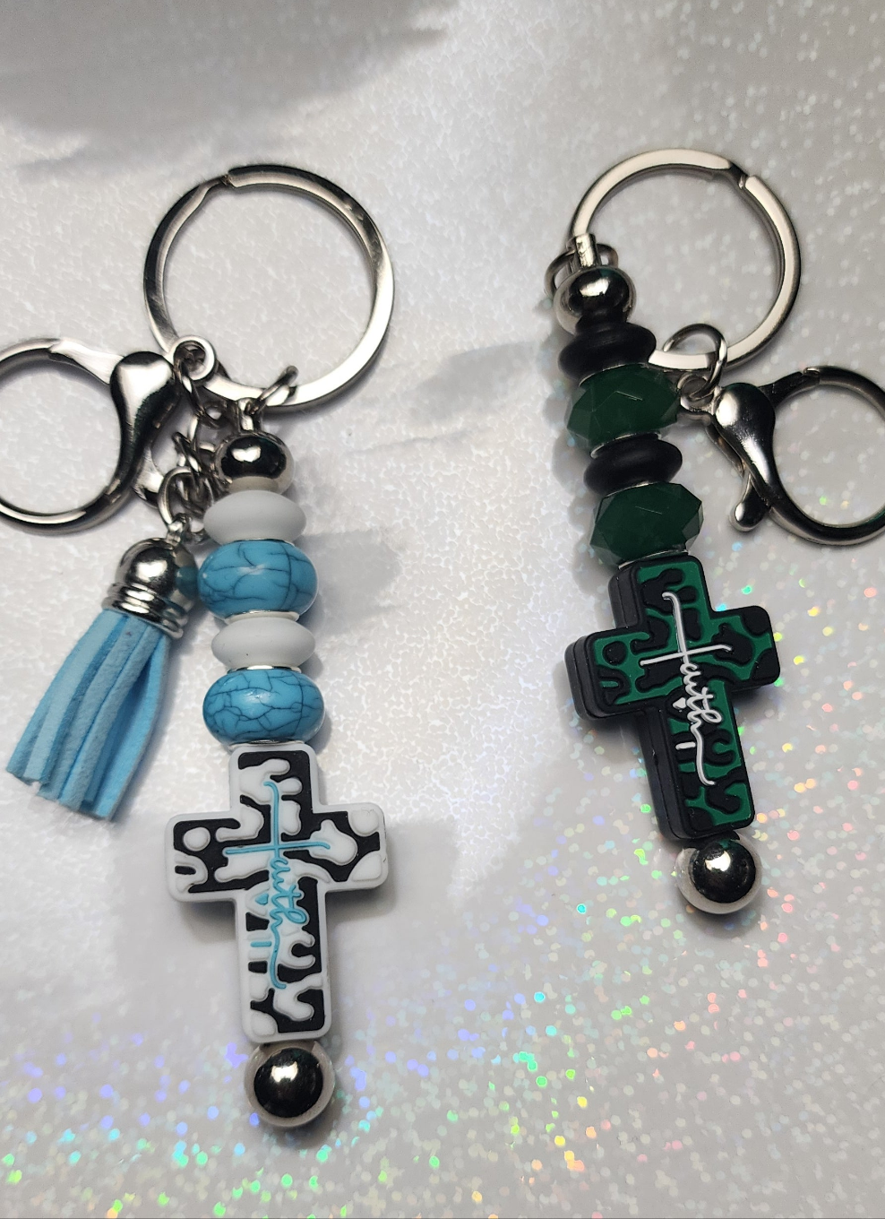 Handmade Faith Cross Keychain – Green, Black, Blue & White Beaded Charm, Religious Keyring, Christian Gift, Spiritual Bag Accessory