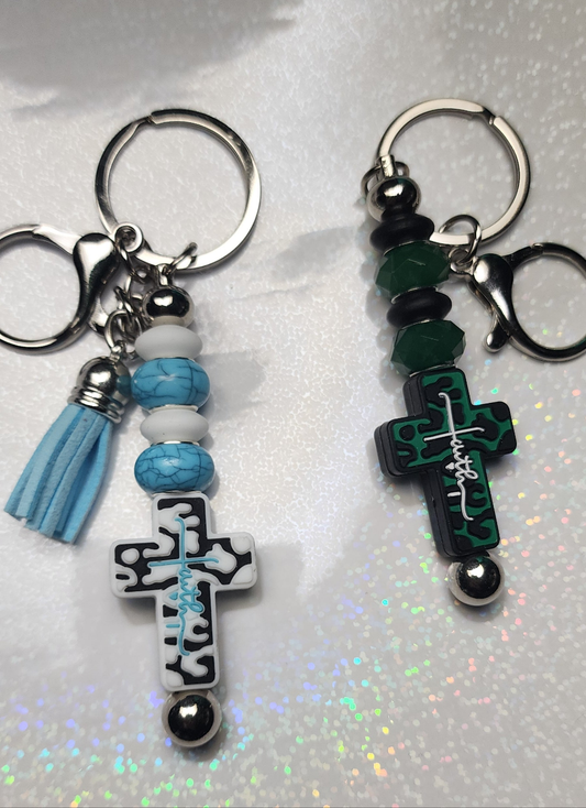 Handmade Faith Cross Keychain – Green, Black, Blue & White Beaded Charm, Religious Keyring, Christian Gift, Spiritual Bag Accessory