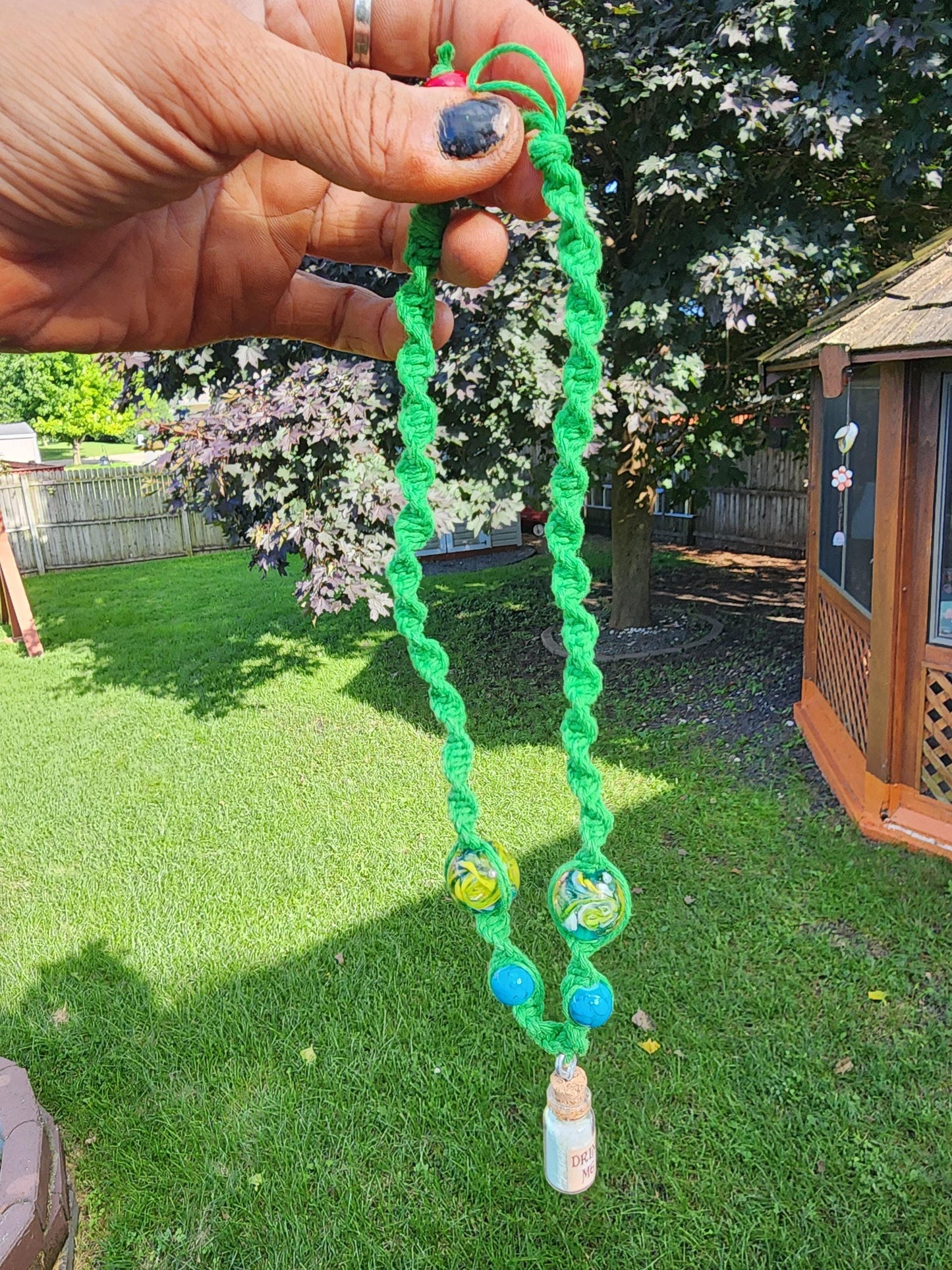 Handmade Green Hemp Necklace: Drink Me Glass Bead