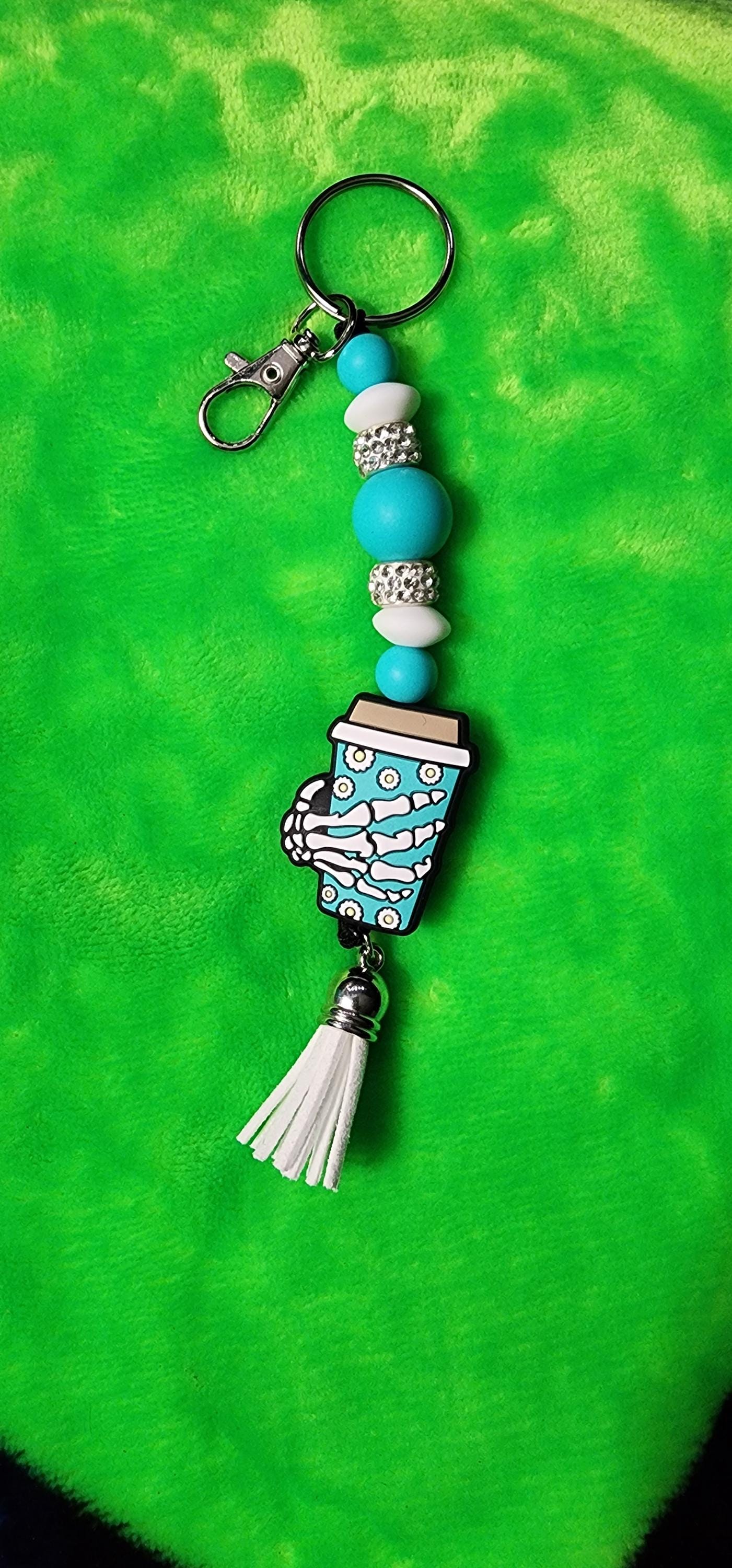 Turquoise & White Skull Hand Coffee Mug Keychain – Handmade Gothic Charm
