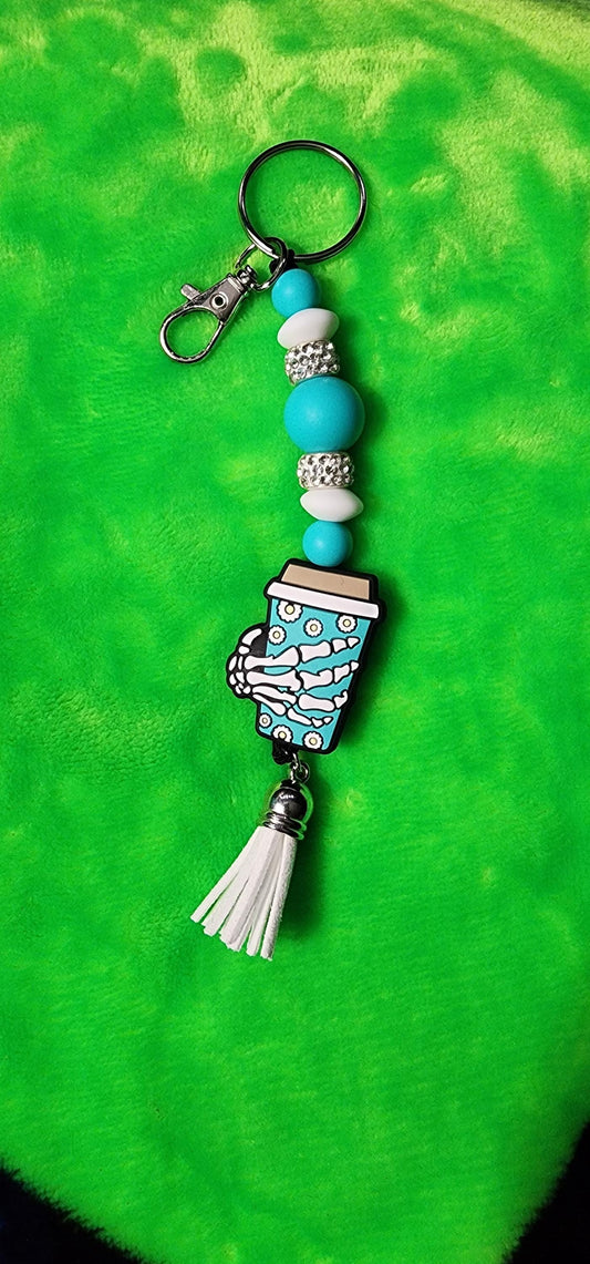 Turquoise & White Skull Hand Coffee Mug Keychain – Handmade Gothic Charm