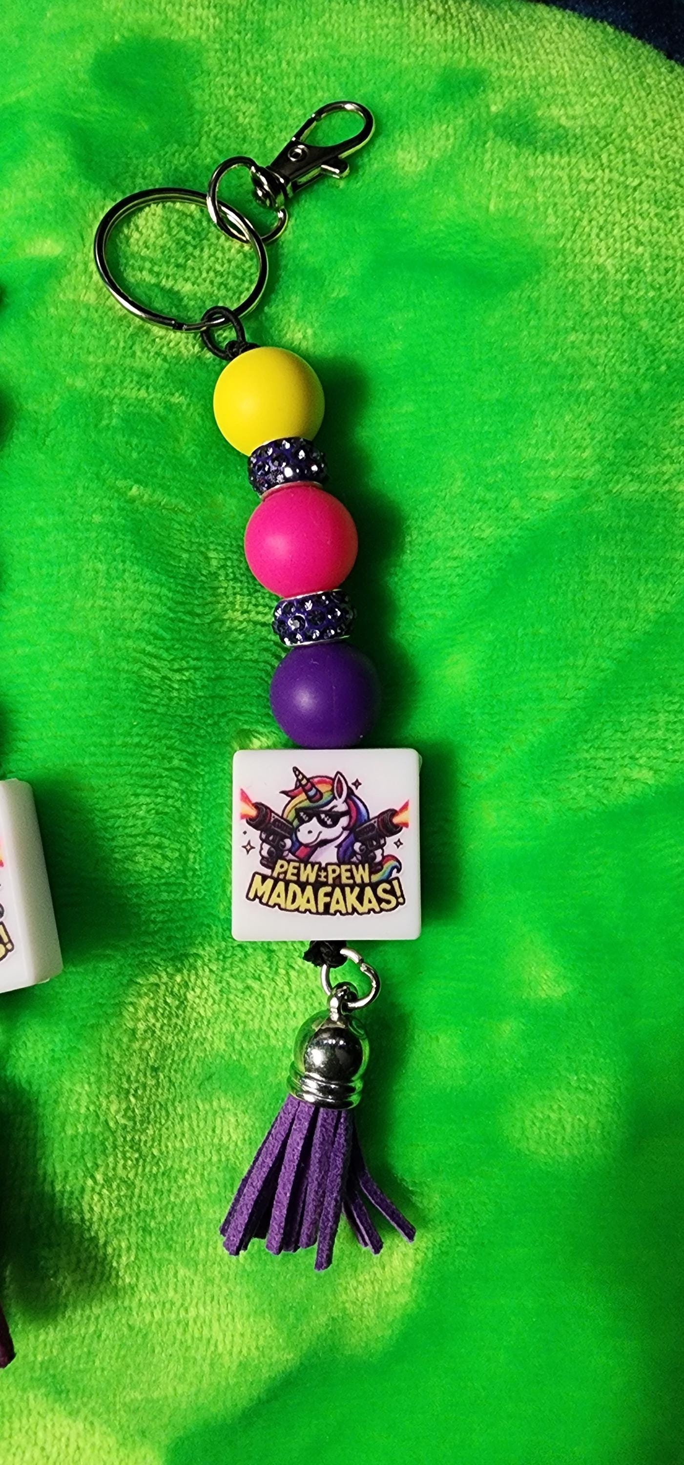 Unicorn Pew Pew Madafacka Keychain – Funny Magical Beaded charm but Savage, Whimsical Rainbow Accessory