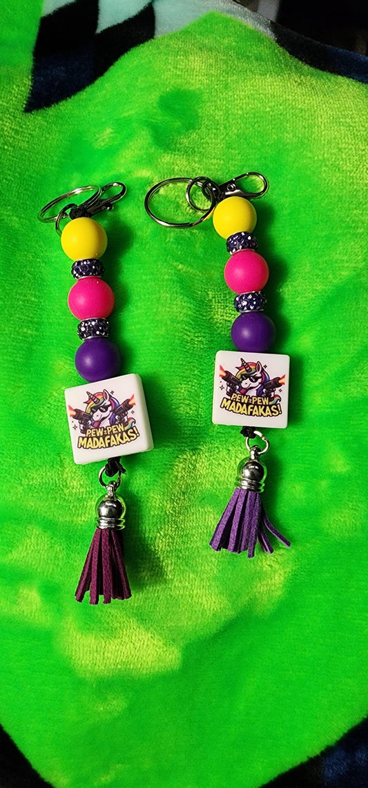 Unicorn Pew Pew Madafacka Keychain – Funny Magical Beaded charm but Savage, Whimsical Rainbow Accessory