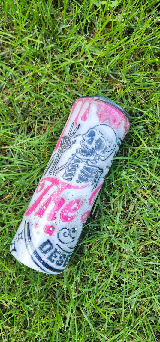 Skull Epoxy Tumbler: Pink & White Glitter 20oz Stainless Steel Cup