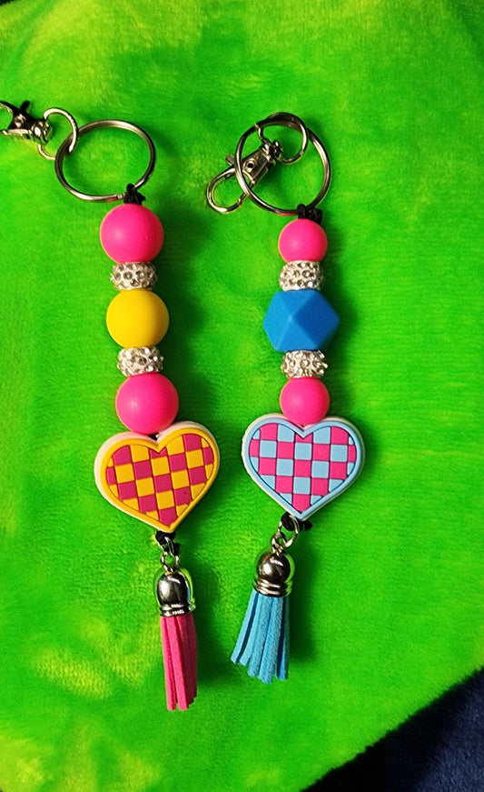 Checkered Heart Keychain, Handmade Keyring