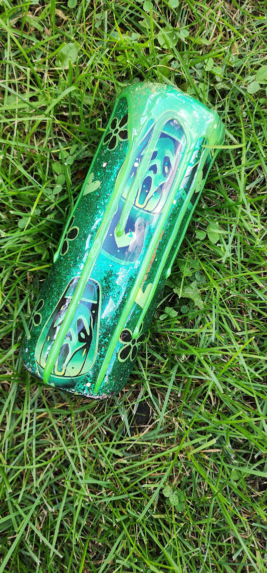 Green Glitter Ghost Face Tumbler: Spooky Drip Lava Lamp Cup