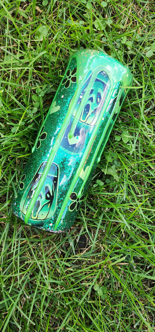 Green Glitter Ghost Face Tumbler: Spooky Drip Lava Lamp Cup