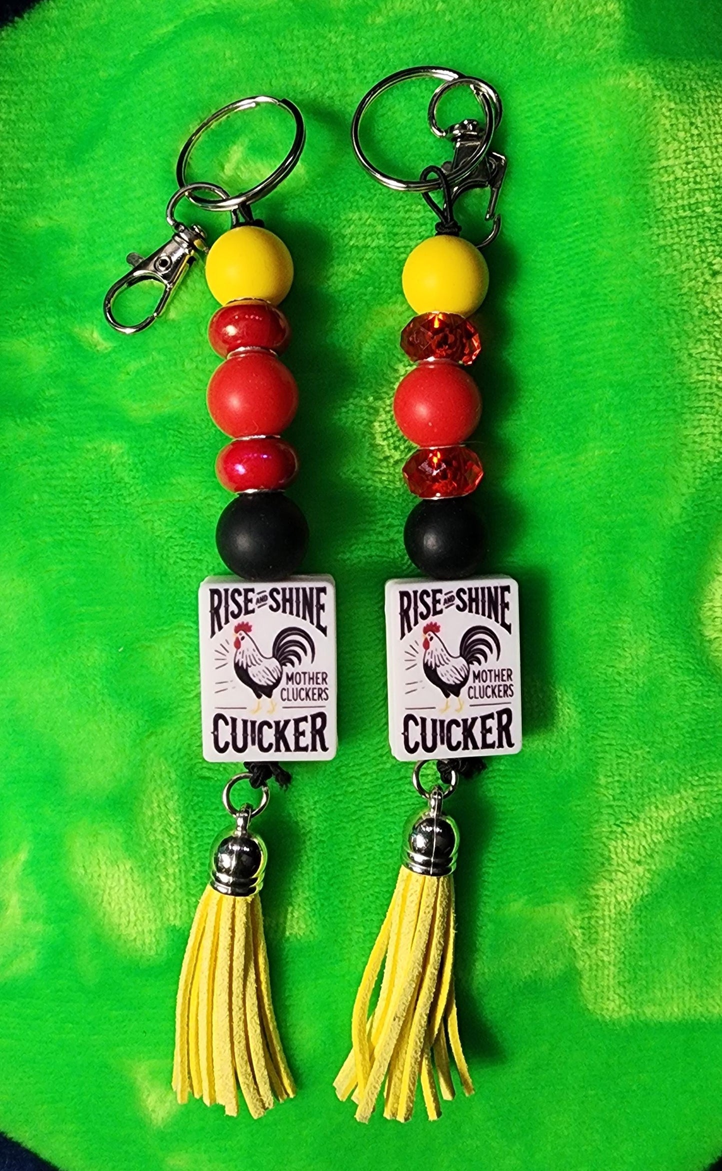 Rise and Shine Mother Cluckers Keychain – Red, Yellow & Black Beaded Farmhouse Accessory | Chicken Lover