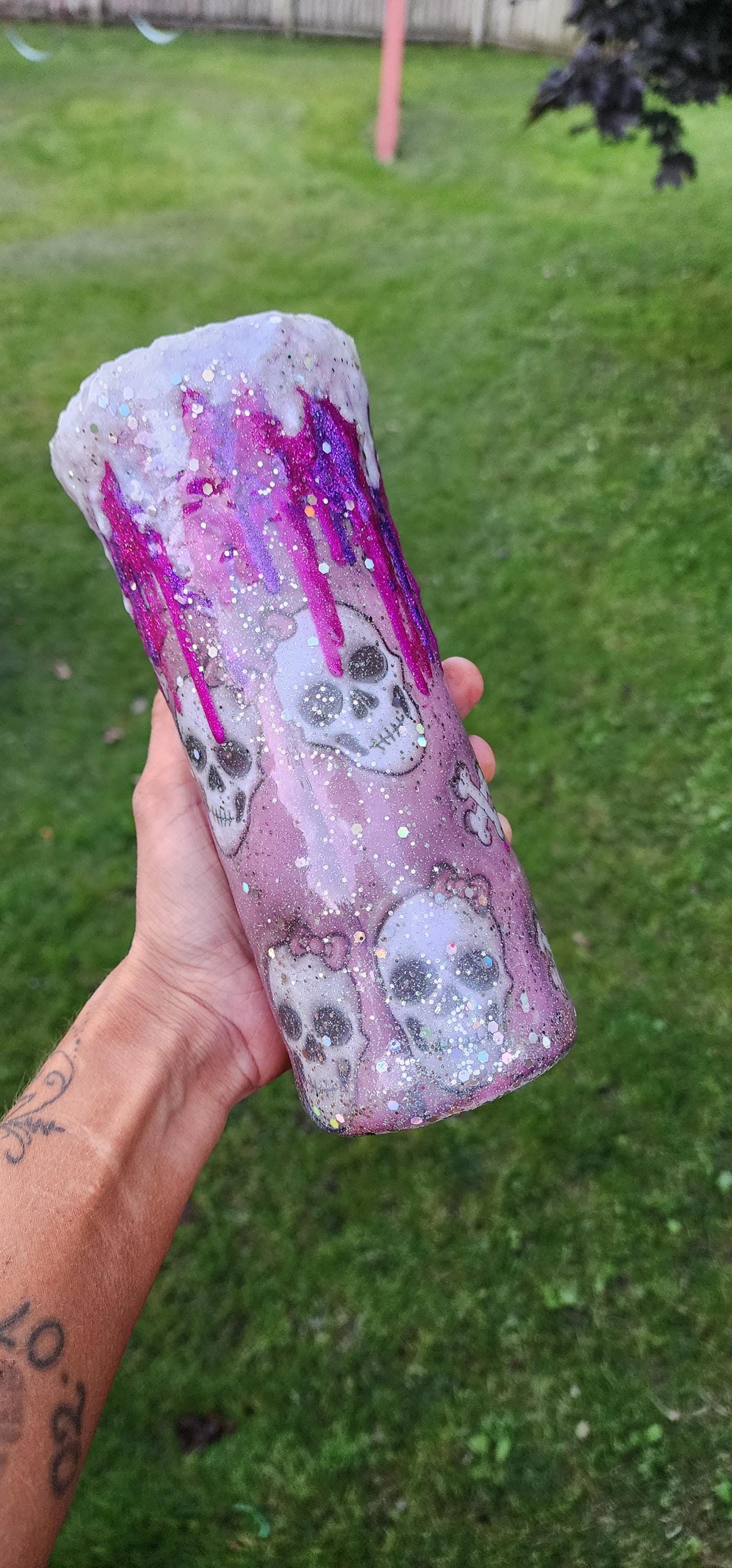 Pink Drip Skull Epoxy Tumbler