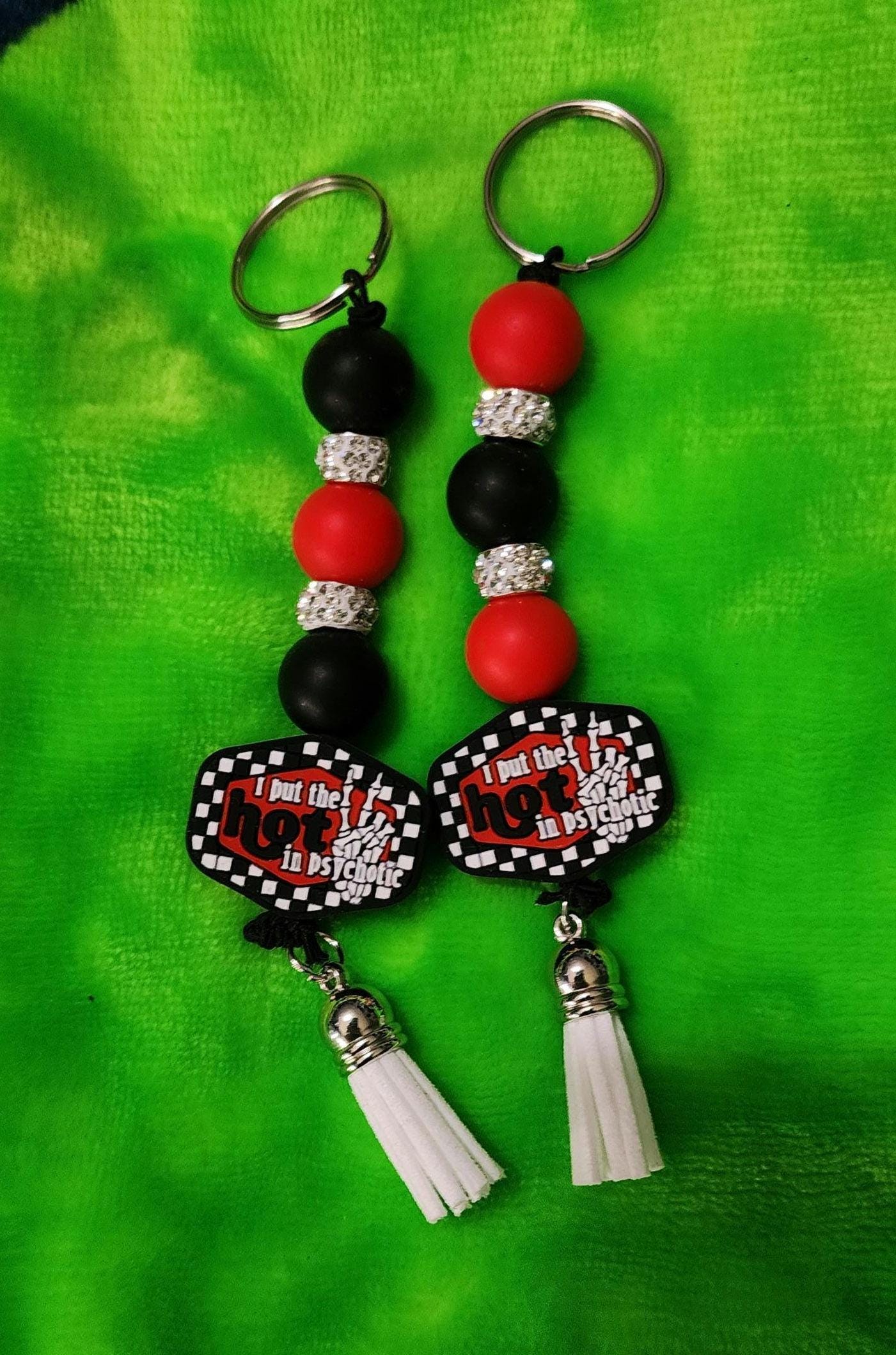 Funny Beaded Keychain: I Put the Hot in Psychotic - Dark Humor Bag Charm