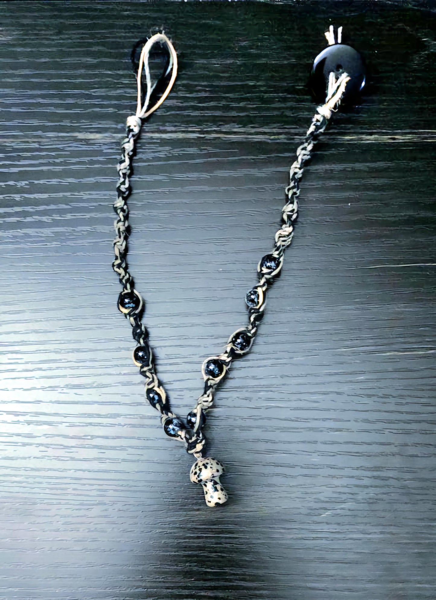 Handmade Hemp Necklace: Tan & Black Cord with Glass Mushroom Bead