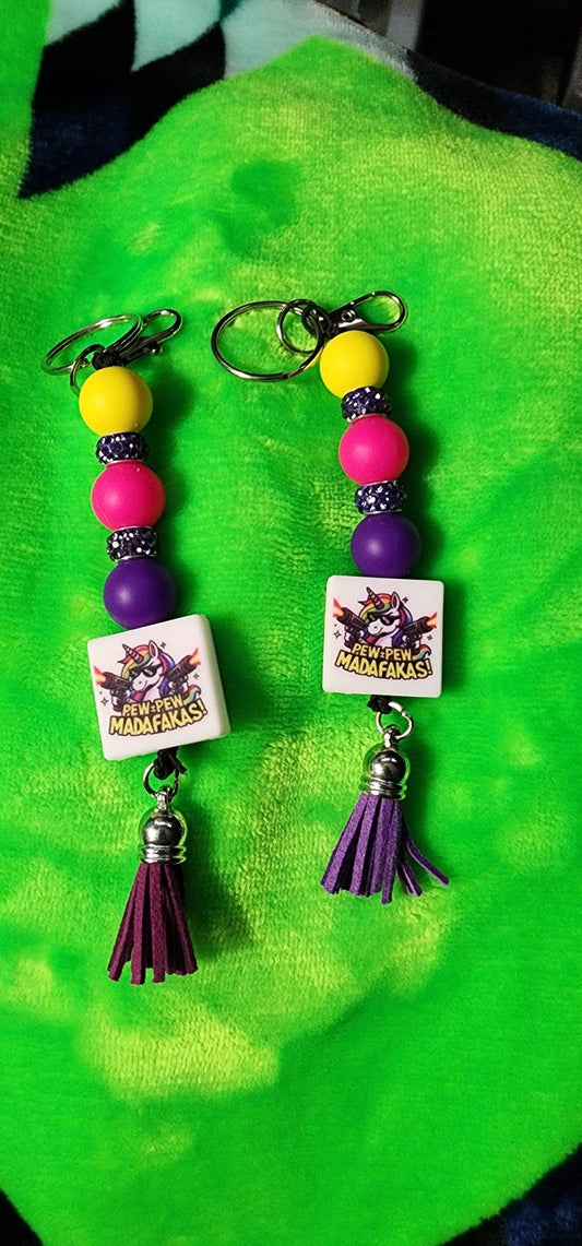 Unicorn Pew Pew Madafacka Keychain – Funny Magical Beaded charm but Savage, Whimsical Rainbow Accessory