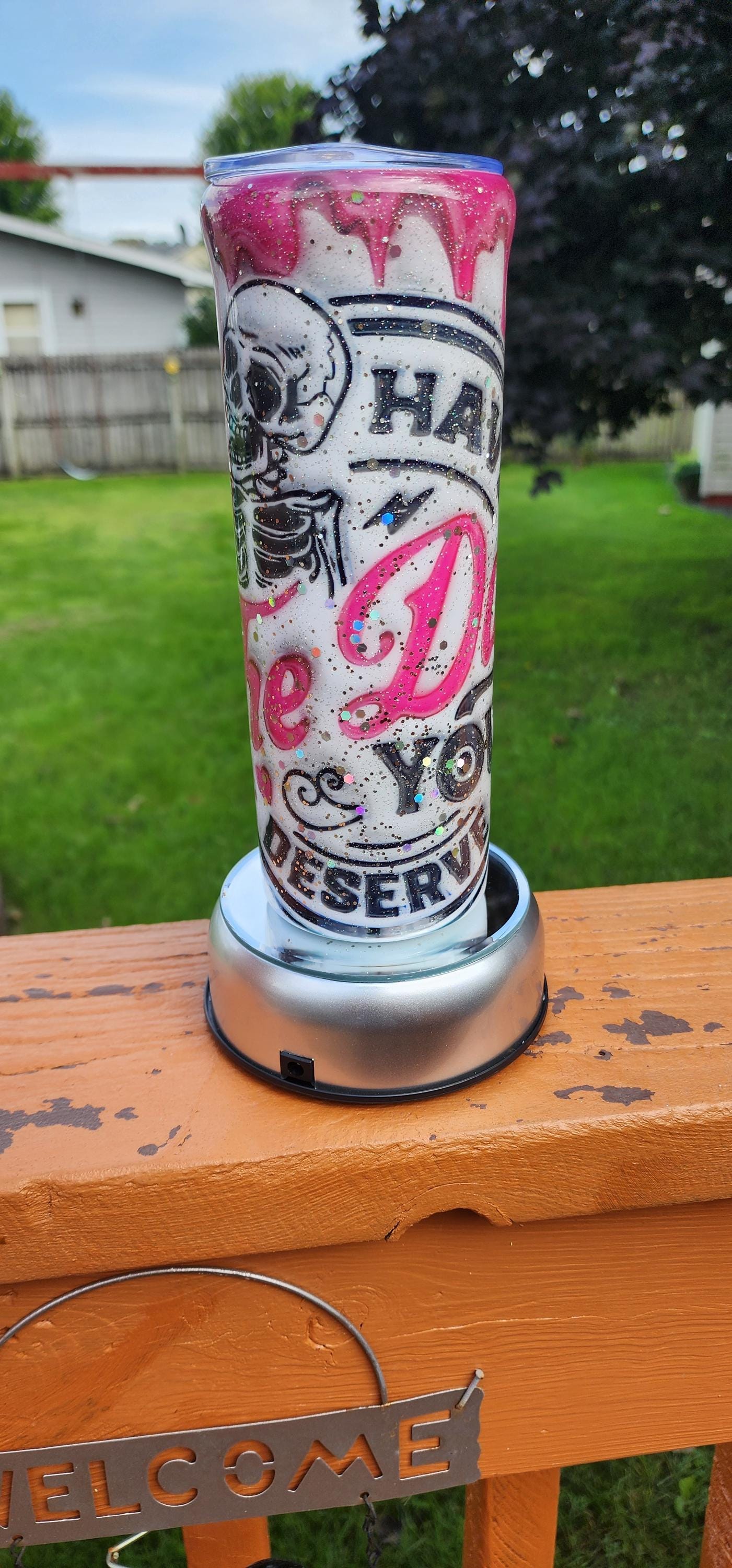 Skull Epoxy Tumbler: Pink & White Glitter 20oz Stainless Steel Cup