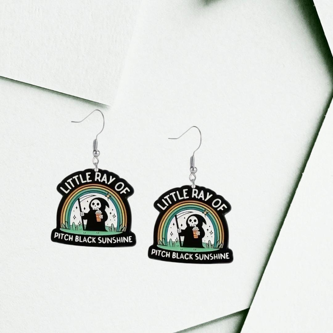 Little Ray of Pitch Black Rainbow Grim Reaper Earrings – Cute but Deadly Acrylic Dangles for Your Inner Spooky Sunshine - Hempin' Mayhem