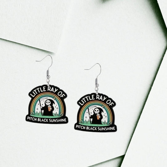 Little Ray of Pitch Black Rainbow Grim Reaper Earrings – Cute but Deadly Acrylic Dangles for Your Inner Spooky Sunshine - Hempin' Mayhem