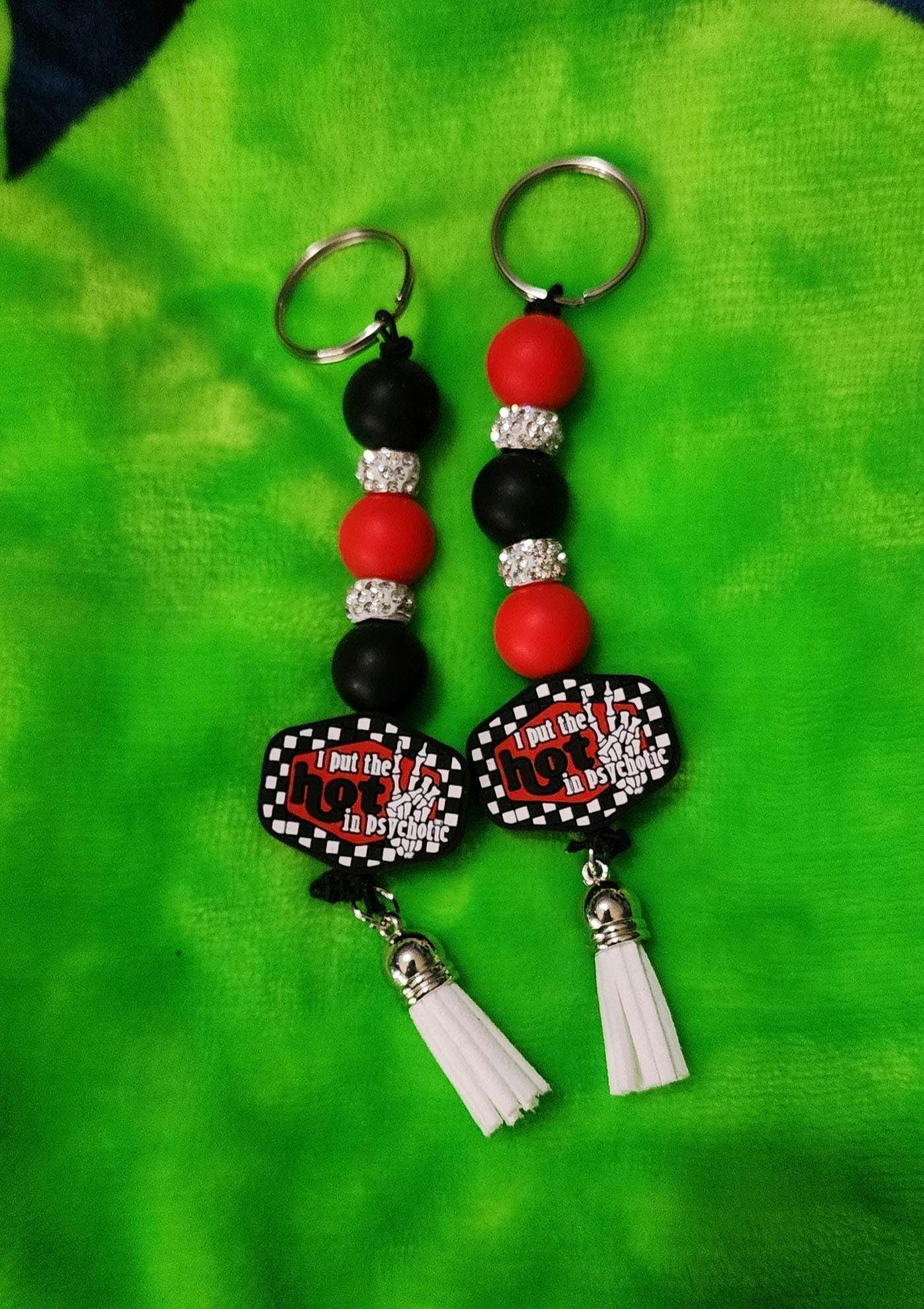 Funny Beaded Keychain: I Put the Hot in Psychotic - Dark Humor Bag Charm