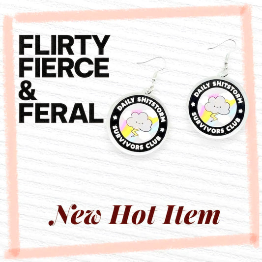 Daily Shitstorm Survivor Club Statement Earrings – Funny Cloud & Lightning Bolt Dangle Jewelry for Sassy Chaos Navigators, Anxiety Humor - Hempin' Mayhem