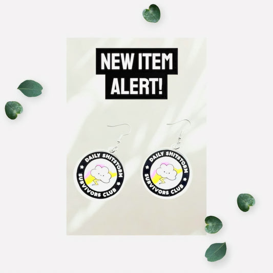 Daily Shitstorm Survivor Club Statement Earrings – Funny Cloud & Lightning Bolt Dangle Jewelry for Sassy Chaos Navigators, Anxiety Humor - Hempin' Mayhem