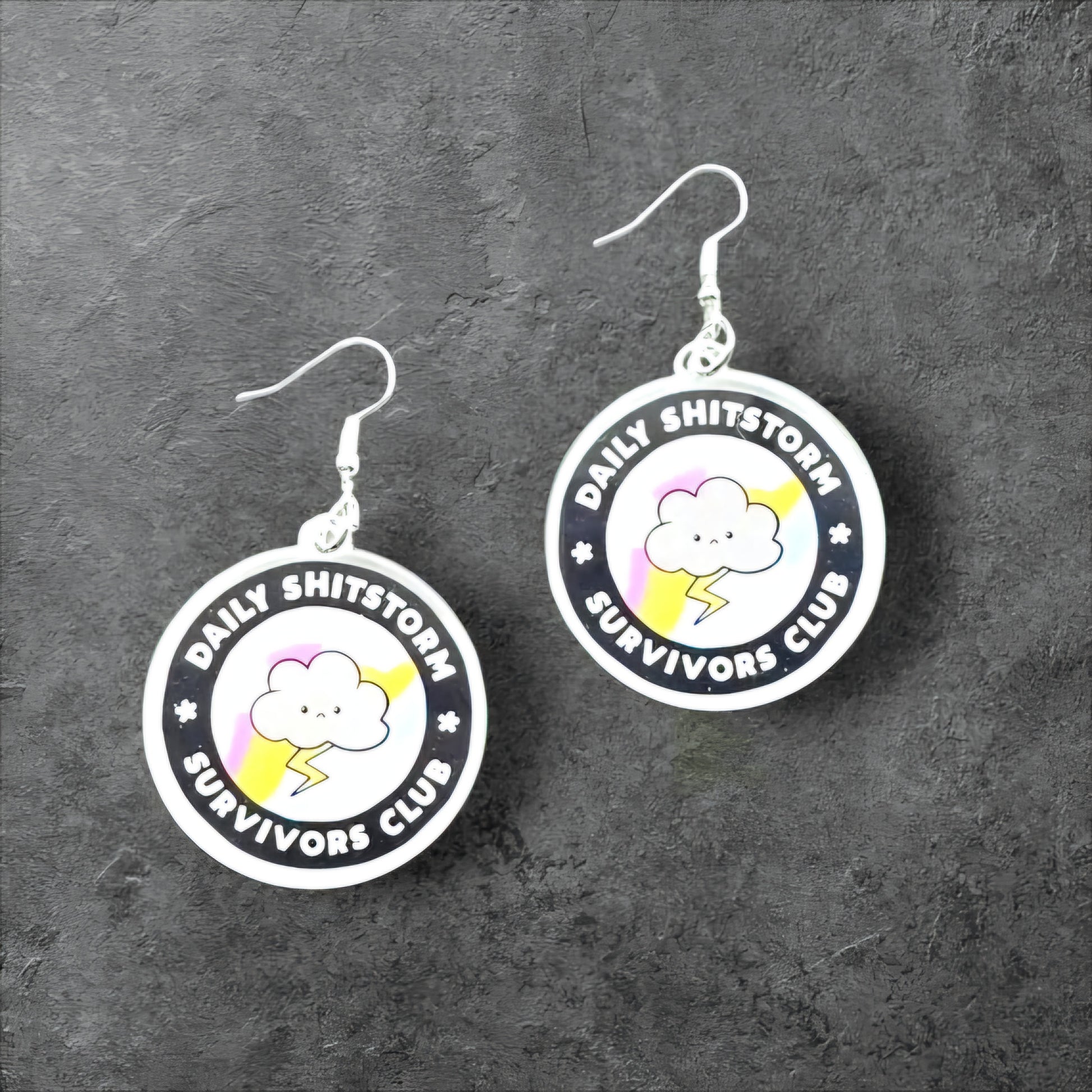 Daily Shitstorm Survivor Club Statement Earrings – Funny Cloud & Lightning Bolt Dangle Jewelry for Sassy Chaos Navigators, Anxiety Humor - Hempin' Mayhem